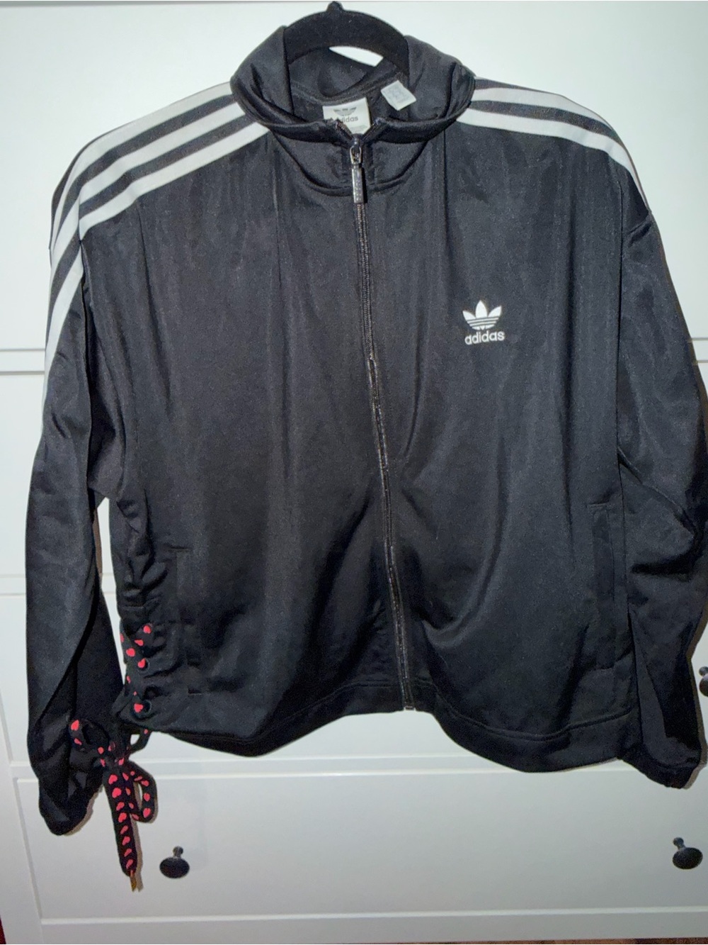 adidas Black Track Jacket with White Stripes and Red Lace Accents